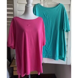 Lot Of 2 Woman Within 1X Boat Neck Short Sleeve Top Size 22/24 Pink Teal Cotton